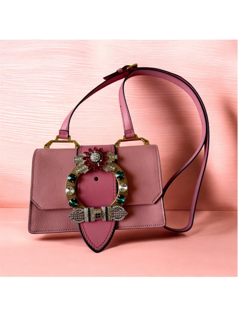 Miu Miu Crystal Mui Lady Madras Pink Leather Shoulder Bag